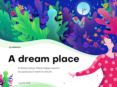 A dream place Illustration banner color flower girl home page human illustration leaf nature night poster women