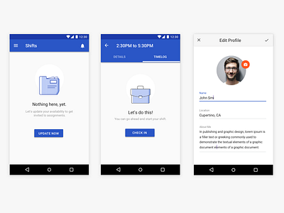 On demand staffing app app concept design edit material mobile profile states ui ux visual zero