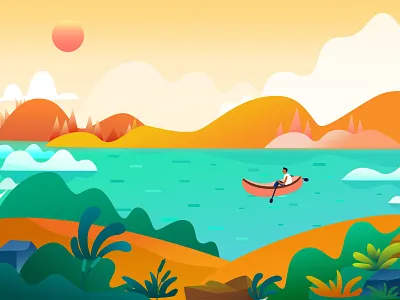 row boat cloud grass mountain river sun