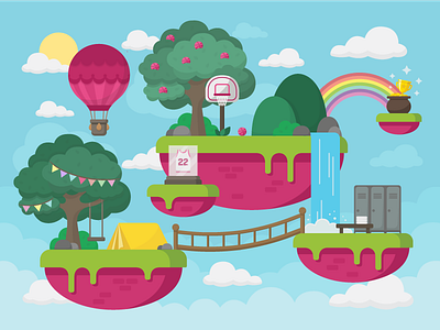 Hello Dribbble! basket basketball debut firstshot hello hellodribbble hot air balloon island rainbow tent trophy waterfall