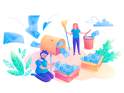 Clean email box clean letter mail mailbox man paper airplane search sorting trash woman