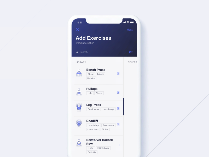 Create Workout: Filters fitness gym mobile multi selection multiselection product design tracker ui ux workout workout tracker