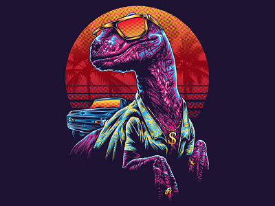 The Raptor 80s art artwork digital art dino dinosaurs drawing illustration jurassic park miami vice raptor tshirt design