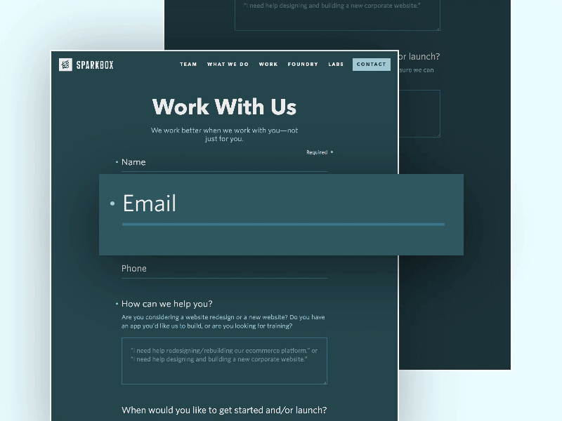 Sparkbox - Contact Form Animation agency animation contact form field interactive microcopy text input