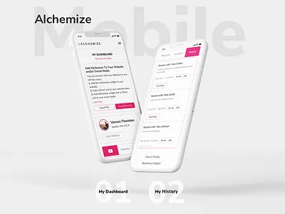 Alchemize dashboard expert history interface mobile pink ui ux web design white
