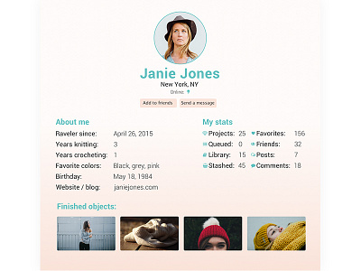 006 Daily UI - Ravelry User Profile avatar dailyui pink profile ravelry redesign soft ui user user page