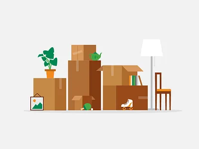 Yard Sale boxes chair garage sale lamp moving picture frame potted plant roller skate teapot yard sale