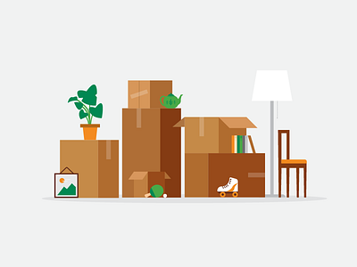 Yard Sale boxes chair garage sale lamp moving picture frame potted plant roller skate teapot yard sale