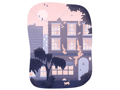 Evening cat city flat illustration texture tree