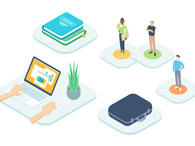 HireSphere Illustration style book case flat floating illustration isometric laptop people work