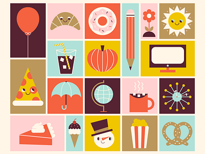 Favorite Things donut fall food happy ice cream illustration mid century pencil pizza pretzel snowman sun