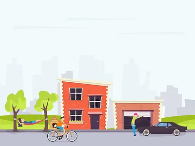 Street life illustration bike car dog house garage hammock muscle car street trees wrench