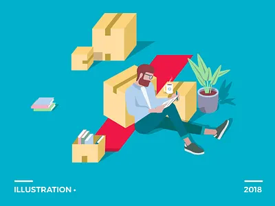 Illustration for AXA • insurance brand axa book cardboard cardstock coffee house illustration isometric man move read sneakers