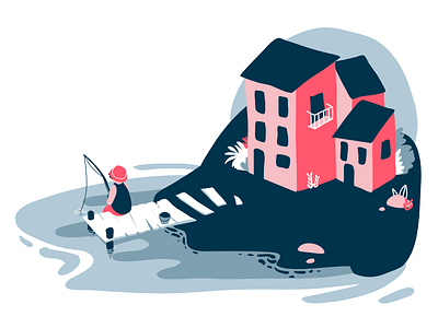 Fisher editorial fisher flat houses ilustration island pier sea serene shore