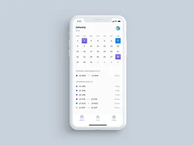 Employee Leave Calendar app calendar design flat holiday leave minimal mobile product ui ux white