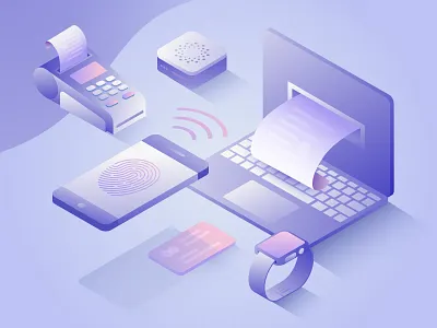 Online payment credit card fingerprint flat gradient isometric laptop nfc online payment payment pos terminal smart watch