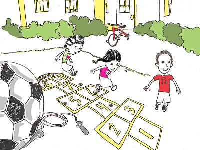 Hopscotch backyard ball book girl boy hopscotch illustration jumprope kids outdoors play playground tricycle