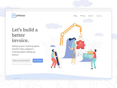 Let's build a better invoice! character collaboration design illustration invoice landing page team vector