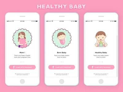 Onboarding screens baby colors facebook login health healthy baby illustrations login screen mother onboarding screens tracking walkthrough