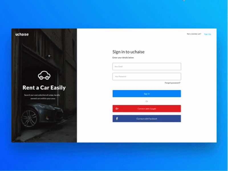 Uchaise Sign In app blue book car interaction login on boarding service signup uchaise vehicle walkthrough