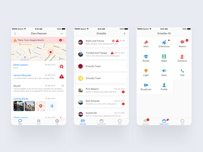 CrisisGo App alert app call checklists contacts light maps notice profile roster siren ui