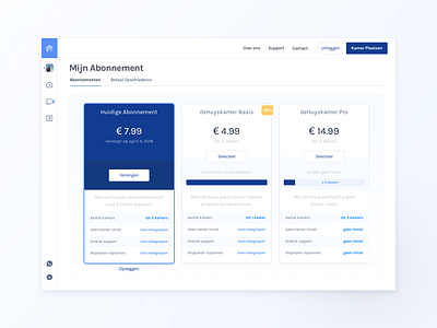 deHuyskamer — Subscription Page app blue dashboard marketing menu plans price sidemenu subscription webapp