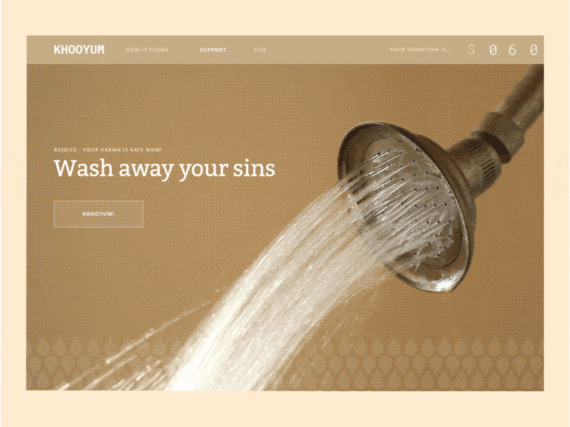 Khooyum Karma Refinement System Landing clean creative cta design experiement fun homepage humor joke karma minimal modern philosophy shower sins startup ui video water zajno