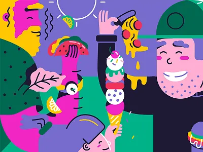 Foodies art bright character design flat food fun geometric ice cream illustration taco vector