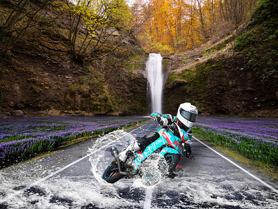 Biker Gliding biker gliding splash street waterfall