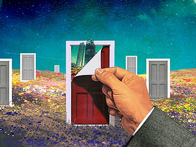 Doors choices city collage door field flowers hand landscape peel red door sky surreal