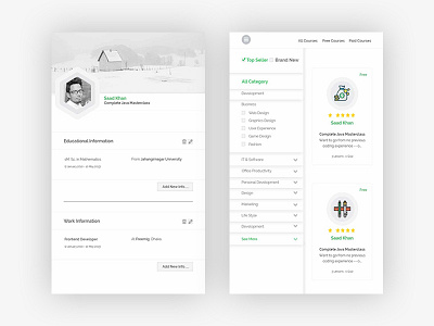 User profile, Courses and Menu bar apps e classroom latest mobile screen simple.white study ui ux