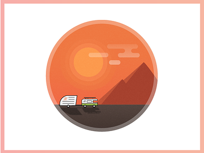 On the road clouds gradient illustrations mountains orange road shadows sun truck