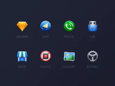 Icons gallery icon map member phone setting shop skeuomorphism traffic usb