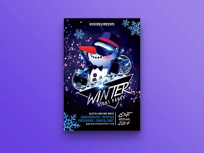 Winter Night Party Flyer blue cocktail cold dance electro glitter nightclub party snow flake snow man template winter