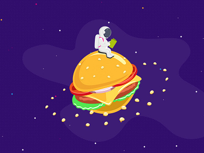 Hamburger planet for the new website. Galaxy Bar. Kiev art drawing flat food hamburger illustration meat planet spase vector yellow