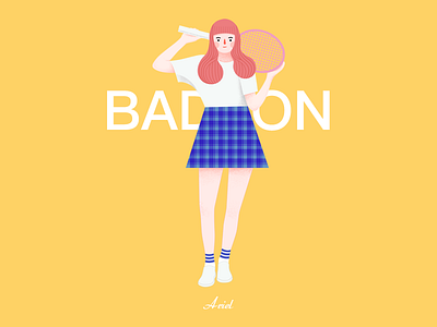 A feathered girl badminton blue girl happy illustrations lattice motion pink socks summer white