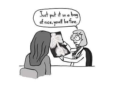 Please Check With Your Doctor Before Trying bag comic design doctor gray illustration lines linework prescription rice sprain xray