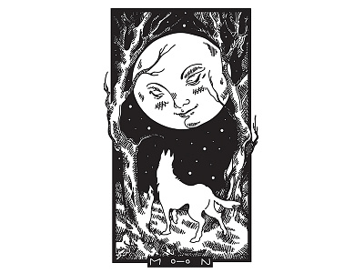 MOON animal calm face moon night sleep star stars tree wolf