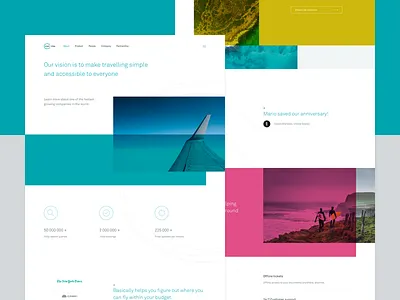 Kiwi.com brand clean colorful flight landing marketing page startup ticket typography web website