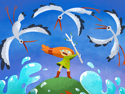 Anya's fight battle birds children fight girl heron illustration redhead story water