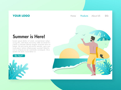 Summer Surfing Landing Page beach illustration landing ocean page summer surfing vector wave web