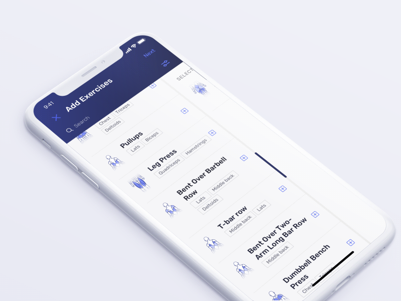 Create Workout: Add Sets fitness gym mobile multi selection multiselection product design tracker ui ux workout workout tracker
