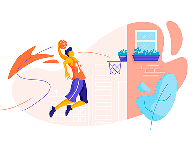 Basketball player ball basket basketball basketball player city flowers house line man movement street window