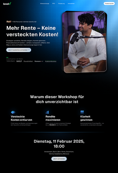 🚀 Workshop / Event Landing Page big blue card dark designinprogress event fintechui german landing page picture pod podcast spotify webdesign websiteconcept workshop