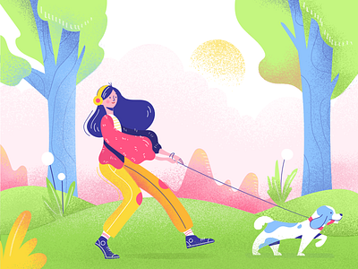 a morning walk character dog editorial flat illustration illustrator morning park scene walk