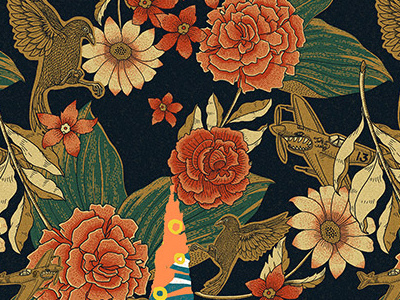 Flowers Pattern ONE airplane bird flowers hand drawing illustration pattern