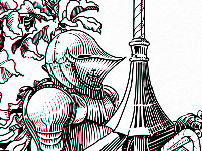 the knight of the pedal kind (detail) cross hatching cycling editorial engraving etching gravure ink knight sketch woodcut