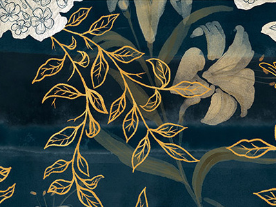 Flowers Pattern TWO flowers gold hand drawing illustration indaco pattern watercolours