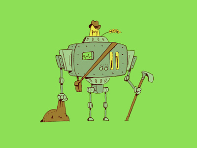 Futuristic Farmer bot cartoon character design electronic farm future hoe quest robot technology