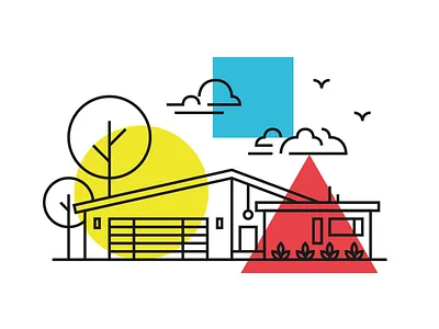 M + M Wedding – House birds clouds house illustration mid century plants wedding